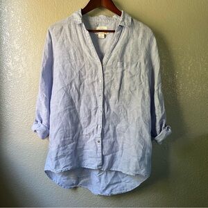 C&C California Womens Medium 100% Linen Blue Button Front Long Sleeve Tunic Top